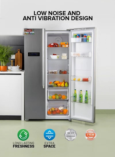 GEEPAS 650L Gross/521L Net Capacity No Frost Side By Side Refrigerator With Inverter Compressor, Tempered Glass Shelf, Twist Ice Maker, LED Lighting, Digital Control Temperature Display Freezer- 177L capacity GRFS6521SXHN Silver-0