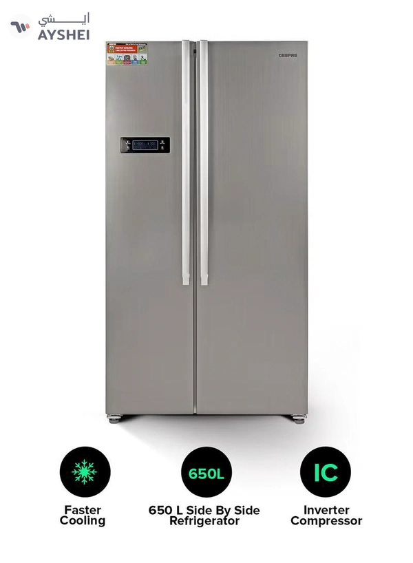 GEEPAS 650L Gross/521L Net Capacity No Frost Side By Side Refrigerator With Inverter Compressor, Tempered Glass Shelf, Twist Ice Maker, LED Lighting, Digital Control Temperature Display Freezer- 177L capacity GRFS6521SXHN Silver