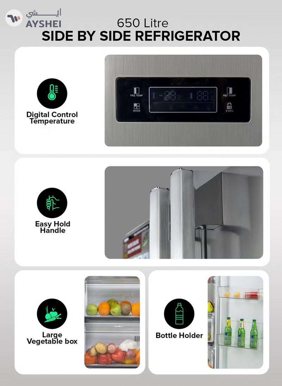 GEEPAS 650L Gross/521L Net Capacity No Frost Side By Side Refrigerator With Inverter Compressor, Tempered Glass Shelf, Twist Ice Maker, LED Lighting, Digital Control Temperature Display Freezer- 177L capacity GRFS6521SXHN Silver-5-5