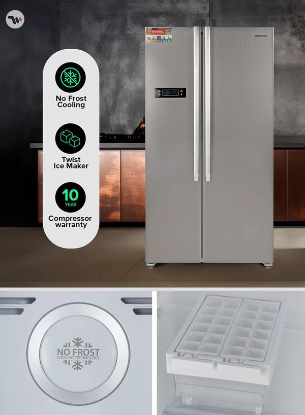 GEEPAS 650L Gross/521L Net Capacity No Frost Side By Side Refrigerator With Inverter Compressor, Tempered Glass Shelf, Twist Ice Maker, LED Lighting, Digital Control Temperature Display Freezer- 177L capacity GRFS6521SXHN Silver
