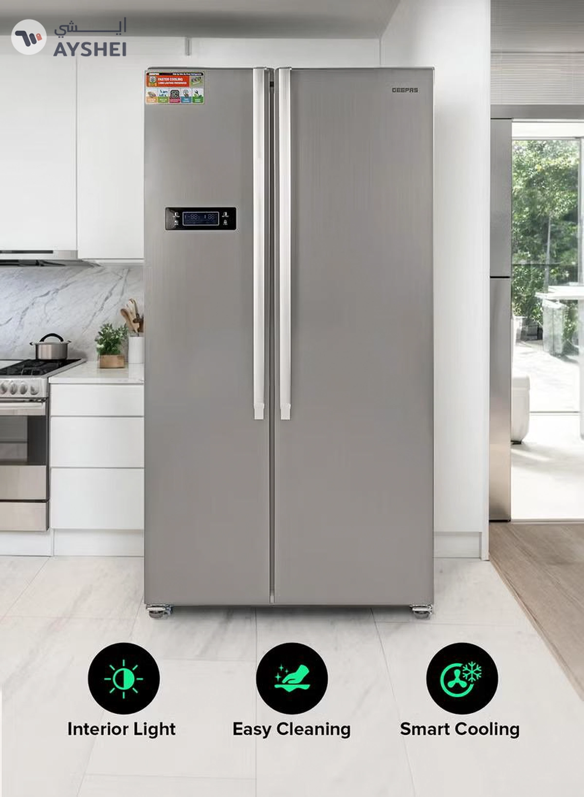 GEEPAS 650L Gross/521L Net Capacity No Frost Side By Side Refrigerator With Inverter Compressor, Tempered Glass Shelf, Twist Ice Maker, LED Lighting, Digital Control Temperature Display Freezer- 177L capacity GRFS6521SXHN Silver-4-4