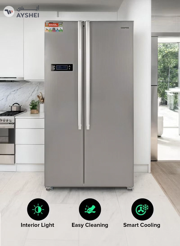 GEEPAS 650L Gross/521L Net Capacity No Frost Side By Side Refrigerator With Inverter Compressor, Tempered Glass Shelf, Twist Ice Maker, LED Lighting, Digital Control Temperature Display Freezer- 177L capacity GRFS6521SXHN Silver