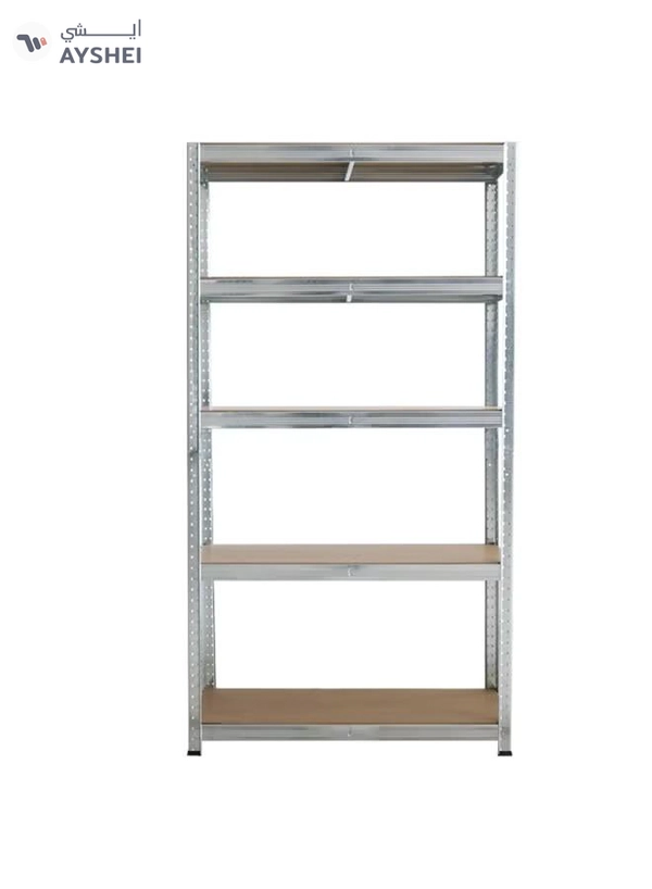 DubaiGallery Metal Storage Rack with 5 MDF Shelves – Heavy-Duty Boltless Construction – Adjustable Height – Ideal for Warehouse, Office, or Garage Organization – Size: 86 x 36 x 183 cm – High Load Capacity, Silver Finish