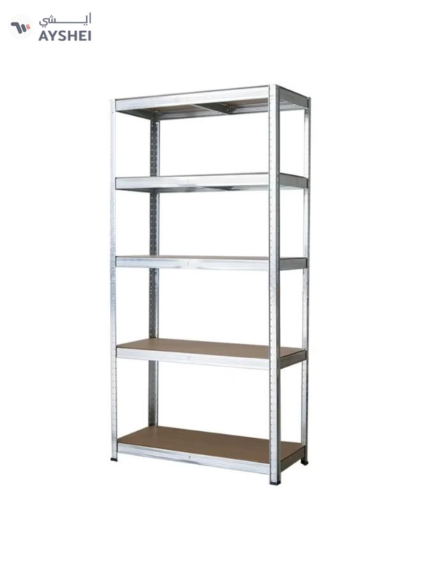 DubaiGallery Metal Storage Rack with 5 MDF Shelves – Heavy-Duty Boltless Construction – Adjustable Height – Ideal for Warehouse, Office, or Garage Organization – Size: 86 x 36 x 183 cm – High Load Capacity, Silver Finish