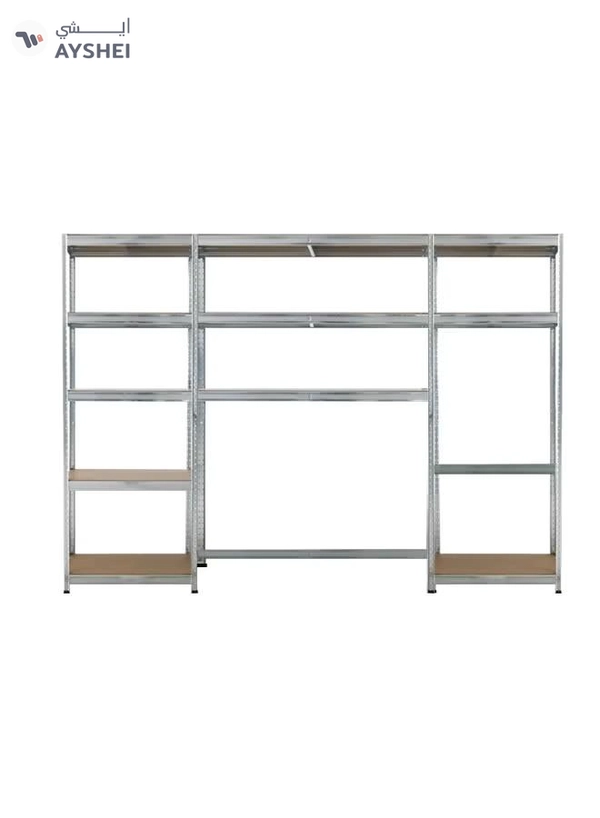 DubaiGallery Metal Storage Rack with 5 MDF Shelves – Heavy-Duty Boltless Construction – Adjustable Height – Ideal for Warehouse, Office, or Garage Organization – Size: 86 x 36 x 183 cm – High Load Capacity, Silver Finish