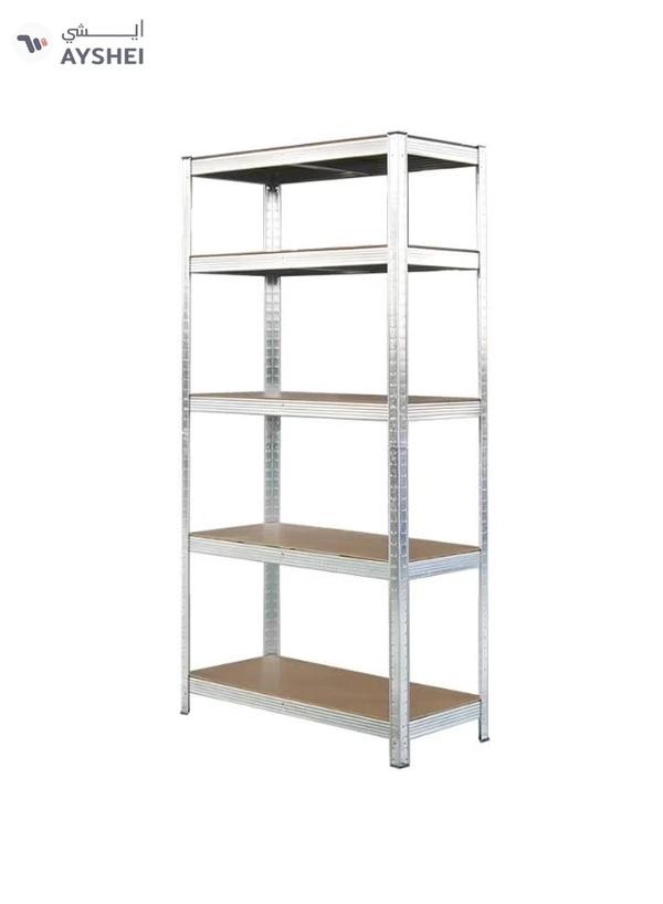 DubaiGallery Metal Storage Rack with 5 MDF Shelves – Heavy-Duty Boltless Construction – Adjustable Height – Ideal for Warehouse, Office, or Garage Organization – Size: 86 x 36 x 183 cm – High Load Capacity, Silver Finish