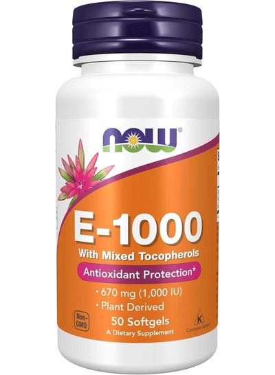 now Vitamin E 1000 IU with Mixed Tocopherols, 50 Softgels | Fat-Soluble Antioxidant for Immune & Cellular Health Support-0