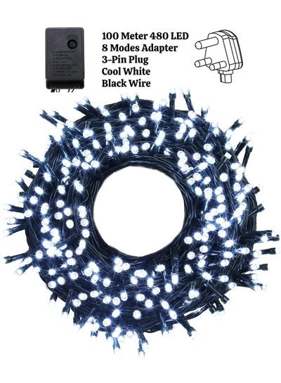 Yuwell 100 Meter 480 LED String Lights Decoration Lights Cool White Light 8 Modes Led Light Black Wire For Home Decorations Ramadan Lights Indoor & Outdoor Decoration Ramadan Decoration Light Diwali Lights Curtain Lights With 3-Pin UK Plug-3