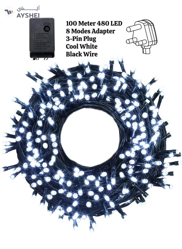 Yuwell 100 Meter 480 LED String Lights Decoration Lights Cool White Light 8 Modes Led Light Black Wire For Home Decorations Ramadan Lights Indoor & Outdoor Decoration Ramadan Decoration Light Diwali Lights Curtain Lights With 3-Pin UK Plug