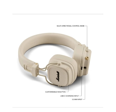 Marshall Major V On-Ear Bluetooth Wireless Headphone with 100+ Hours Playtime, Cream Beige-5