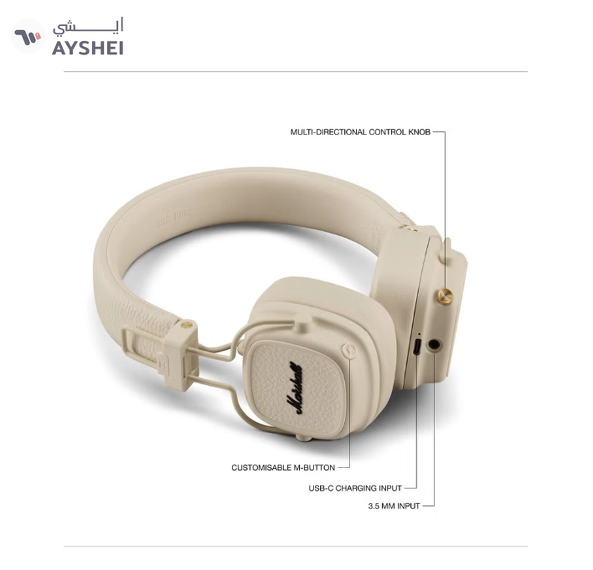 Marshall Major V On-Ear Bluetooth Wireless Headphone with 100+ Hours Playtime, Cream Beige-5-5
