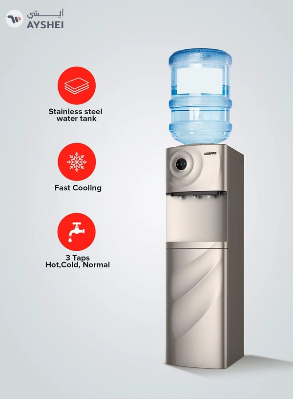 GEEPAS Hot & Cold Water Dispenser With Cabinet, Stainless Steel Water Tank, Normal, Hot & Cold Function, Child Safety Lock, SUS304 Stainless Pipe, Childproof Tap Design, Low Noise Design GWD17028 Golden