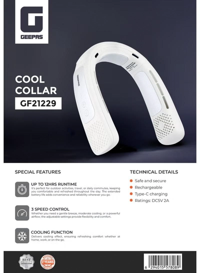GEEPAS Cool Collar- Personal Neck Fan with 12 Hours Long Working Time, 3 Speed Levels/ Lightweight, Rechargeable for Indoor and Outdoor Use/ Silent, Safe and Secure GF21229 white-3