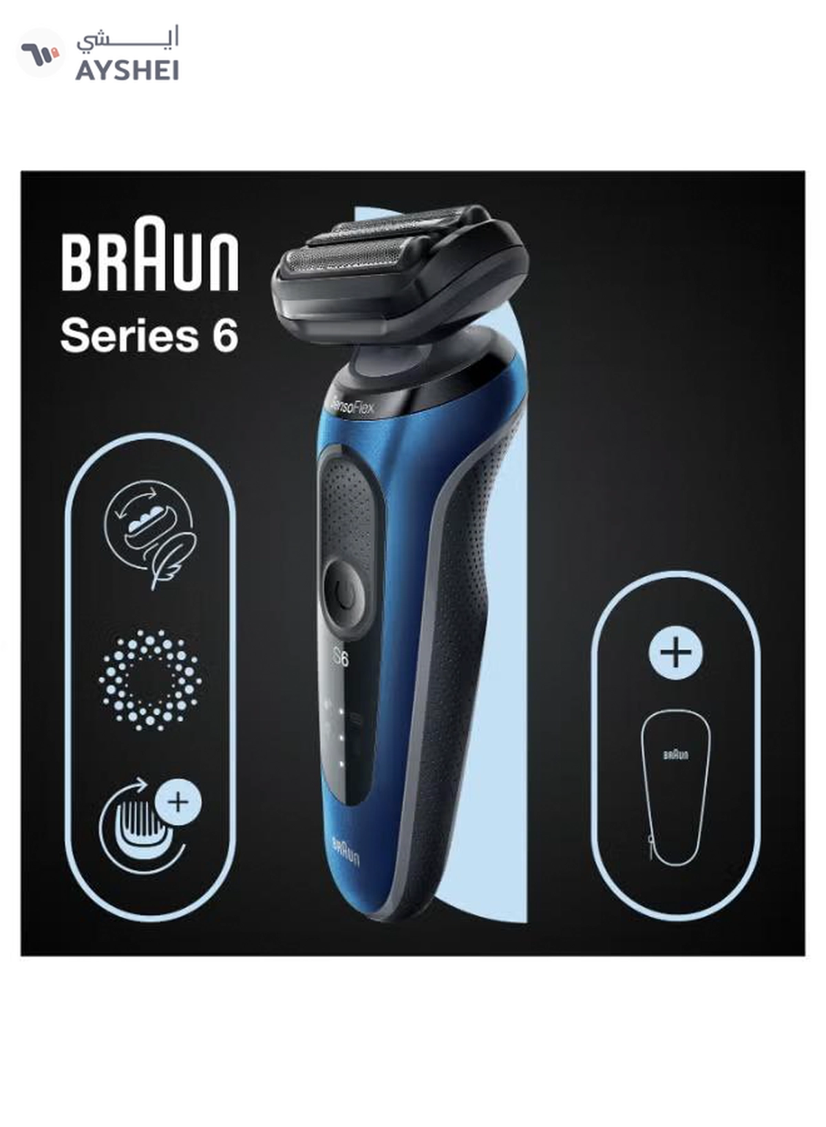 BRAUN Series 6 61-B1000s Wet & Dry shaver with travel case, blue. Made in Germany Blue / Black-2-2