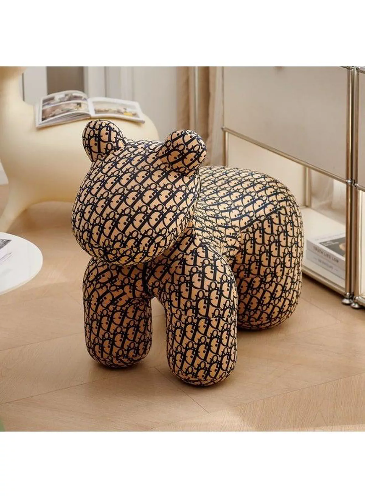 Luxury Designer Style Bear Ottoman Stool Plush Animal Footrest Seat Decorative Accent Chair for Living Room, Bedroom, Kids Room and Office, Soft Padded Comfortable Seating, Modern Home Décor, Durable Upholstered Fabric, Cute Bear Shape,-1-1