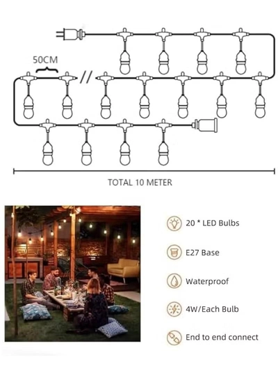 Yuwell Outdoor Waterproof IP65 Led String Lights E27 Holder 10 Meter Bulb Holder Wire With 20 Bulbs 4W ST64 Amber With EU Plug Solar Bulb Holder For Ramadan Decoration Lights And Outdoor Decoration Light Hanging Light String Wire Ramadan Light For Commercial Patio Garden & Porch Yard-4