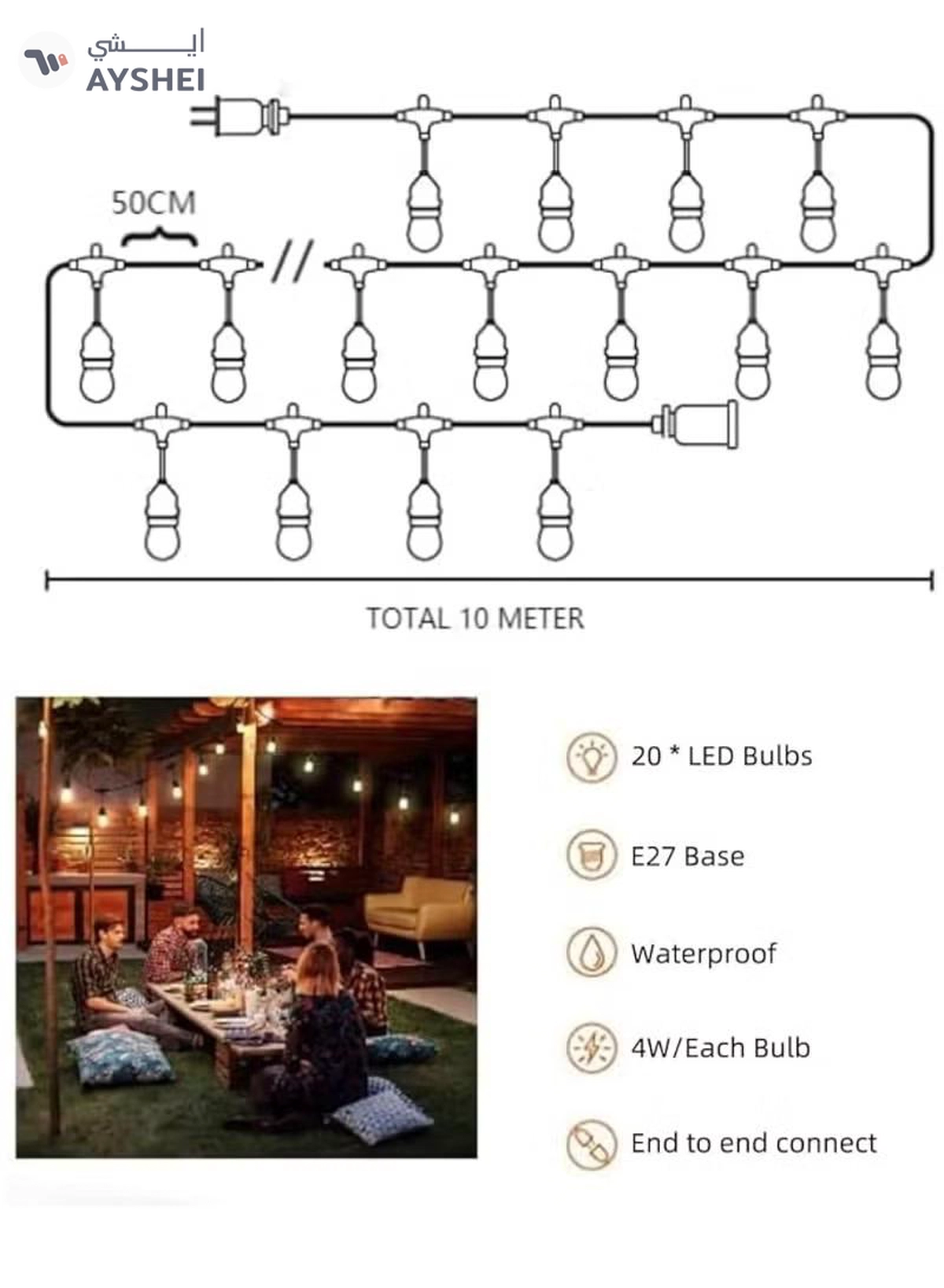Yuwell Outdoor Waterproof IP65 Led String Lights E27 Holder 10 Meter Bulb Holder Wire With 20 Bulbs 4W ST64 Amber With EU Plug Solar Bulb Holder For Ramadan Decoration Lights And Outdoor Decoration Light Hanging Light String Wire Ramadan Light For Commercial Patio Garden & Porch Yard-4-4