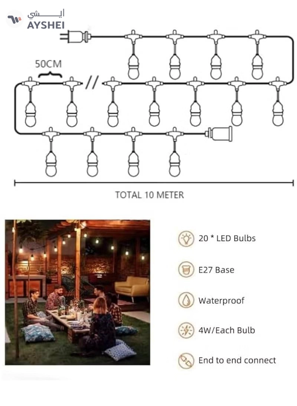 Yuwell Outdoor Waterproof IP65 Led String Lights E27 Holder 10 Meter Bulb Holder Wire With 20 Bulbs 4W ST64 Amber With EU Plug Solar Bulb Holder For Ramadan Decoration Lights And Outdoor Decoration Light Hanging Light String Wire Ramadan Light For Commercial Patio Garden & Porch Yard