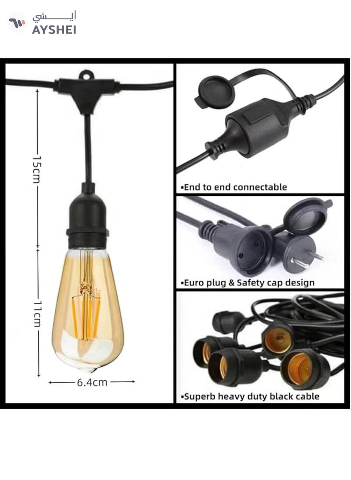 Yuwell Outdoor Waterproof IP65 Led String Lights E27 Holder 10 Meter Bulb Holder Wire With 20 Bulbs 4W ST64 Amber With EU Plug Solar Bulb Holder For Ramadan Decoration Lights And Outdoor Decoration Light Hanging Light String Wire Ramadan Light For Commercial Patio Garden & Porch Yard-1-1