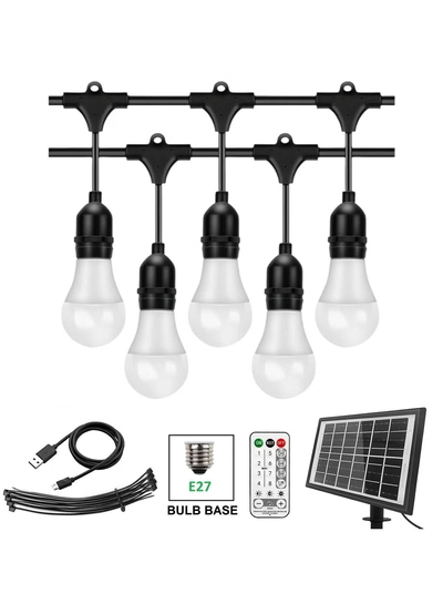Yuwell Outdoor Waterproof IP65 Led String Lights E27 Holder 15 Meter Bulb Holder Wire With 30 Bulbs 9W Cool White With EU Plug Solar Bulb Holder For Ramadan Decoration Lights And Outdoor Decoration Light Hanging Light 6000mAh & USB-C, String Lights With Remote Control And 8 Modes Ramadan Light With Cable Ties-0