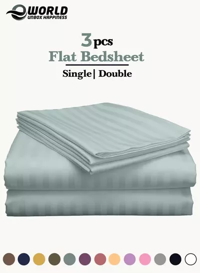 Eworld 3 Piece Luxury Pastel Green Striped Bed Sheet Set with 1 Flat Sheet and 2 Pillowcases for Hotel and Home Crafted from Ultra Soft and Breathable For All Seasons Microfiber for Year-Round Comfort (Single/Double)-0