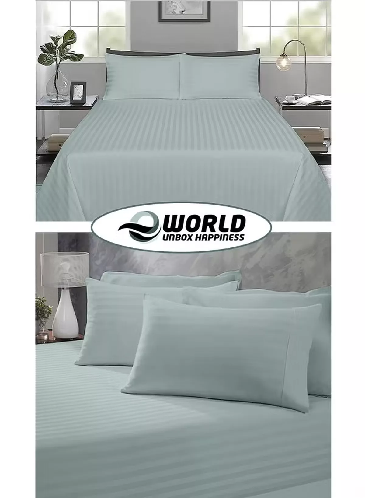 Eworld 3 Piece Luxury Pastel Green Striped Bed Sheet Set with 1 Flat Sheet and 2 Pillowcases for Hotel and Home Crafted from Ultra Soft and Breathable For All Seasons Microfiber for Year-Round Comfort (Single/Double)-3-3