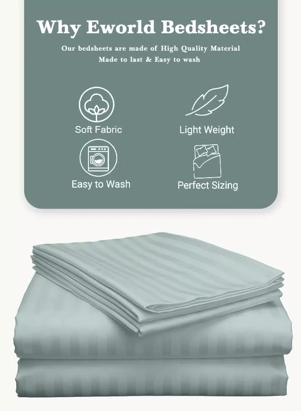 Eworld 3 Piece Luxury Pastel Green Striped Bed Sheet Set with 1 Flat Sheet and 2 Pillowcases for Hotel and Home Crafted from Ultra Soft and Breathable For All Seasons Microfiber for Year-Round Comfort (Single/Double)-2-2