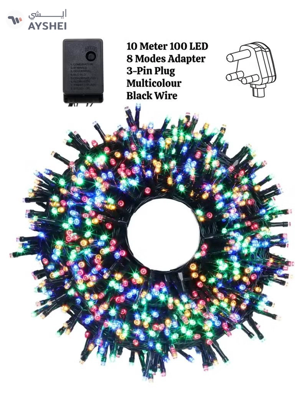 Yuwell 10 Meter 100 LED String Lights Decoration Lights RGB Light 8 Modes Led Light Black Wire For Home Decorations Ramadan Lights Indoor & Outdoor Decoration Ramadan Decoration Light Diwali Lights Curtain Lights With 3-Pin UK Plug