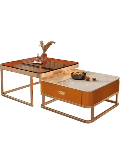 DubaiGallery Contemporary Coffee Table Pair with Marble Drawer Storage and Glass Top Main Table, Gold Metal Frame, Space-Saving Nesting Design-0