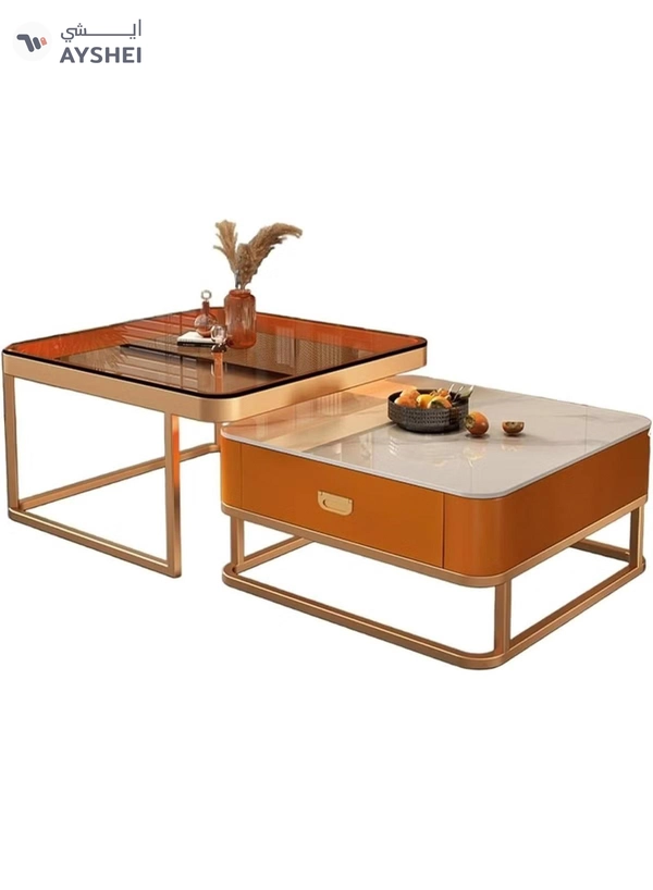 DubaiGallery Contemporary Coffee Table Pair with Marble Drawer Storage and Glass Top Main Table, Gold Metal Frame, Space-Saving Nesting Design