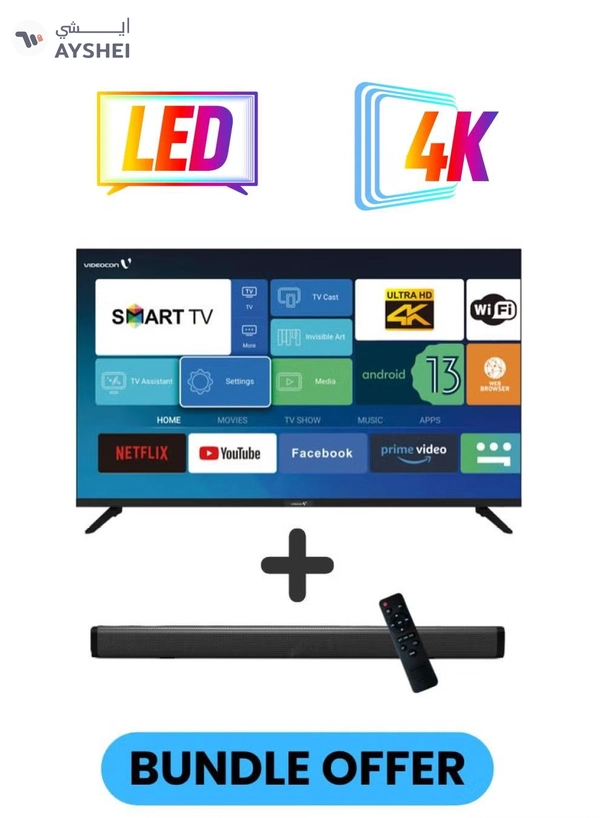 VIDEOCON 50 Inch 4K UHD LED Smart TV with Android OS, DVBT2/S2 Receiver, 60Hz, HDR, Paired With 2.0 Channel 30W Soundbar, 3D Surround Sound, Bluetooth, USB, FM Radio E50EL1100+SOUNDBAR Black