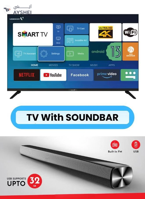 VIDEOCON 50 Inch 4K UHD LED Smart TV with Android OS, DVBT2/S2 Receiver, 60Hz, HDR, Paired With 2.0 Channel 30W Soundbar, 3D Surround Sound, Bluetooth, USB, FM Radio E50EL1100+SOUNDBAR Black