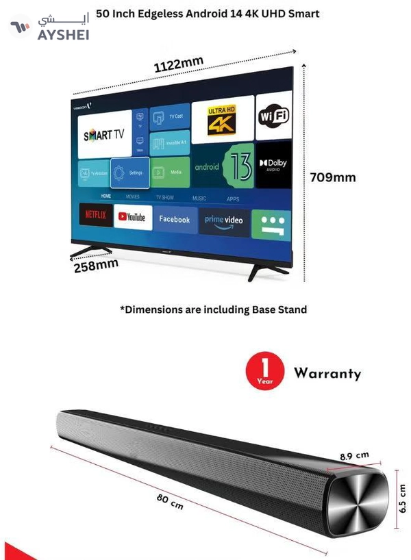 VIDEOCON 50 Inch 4K UHD LED Smart TV with Android OS, DVBT2/S2 Receiver, 60Hz, HDR, Paired With 2.0 Channel 30W Soundbar, 3D Surround Sound, Bluetooth, USB, FM Radio E50EL1100+SOUNDBAR Black