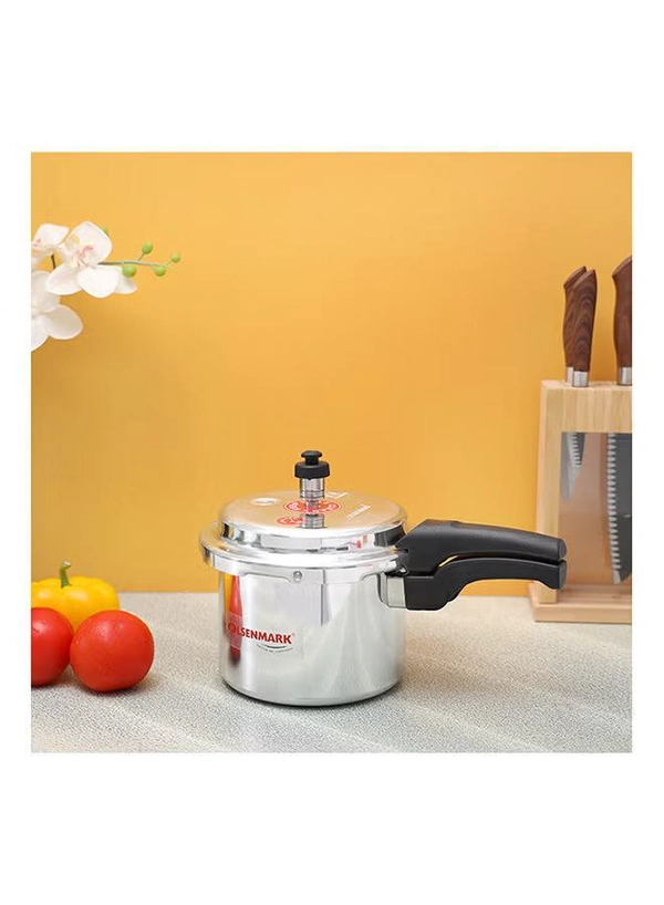 Olsenmark 5000ml Aluminium Pressure Cooker, 5L - High Quality Vent Valve - Anti Bulging Base - Heat Resistant Handle Silver