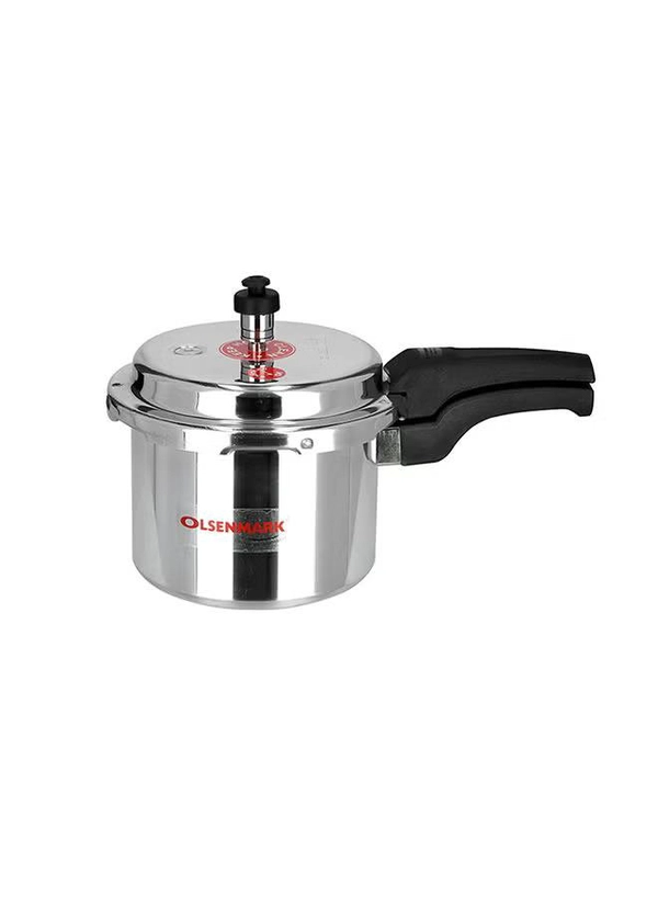 Olsenmark 5000ml Aluminium Pressure Cooker, 5L - High Quality Vent Valve - Anti Bulging Base - Heat Resistant Handle Silver