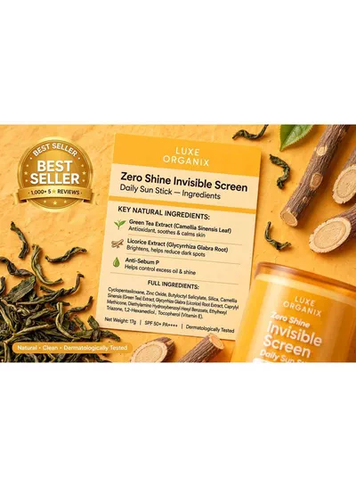 Luxe Organix Zero Shine Sun Stick SPF 50+ PA++++ – 17g A travel-friendly sunscreen essential featuring SPF 50+ protection, UVA/UVB defense, zero shine, quick absorption, and a silky matte finish, making it ideal for effortless daily sun protection and reapplication.-5
