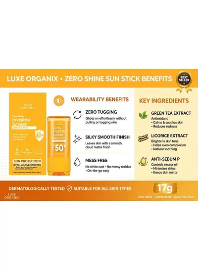 Luxe Organix Zero Shine Sun Stick SPF 50+ PA++++ – 17g A travel-friendly sunscreen essential featuring SPF 50+ protection, UVA/UVB defense, zero shine, quick absorption, and a silky matte finish, making it ideal for effortless daily sun protection and reapplication.-7