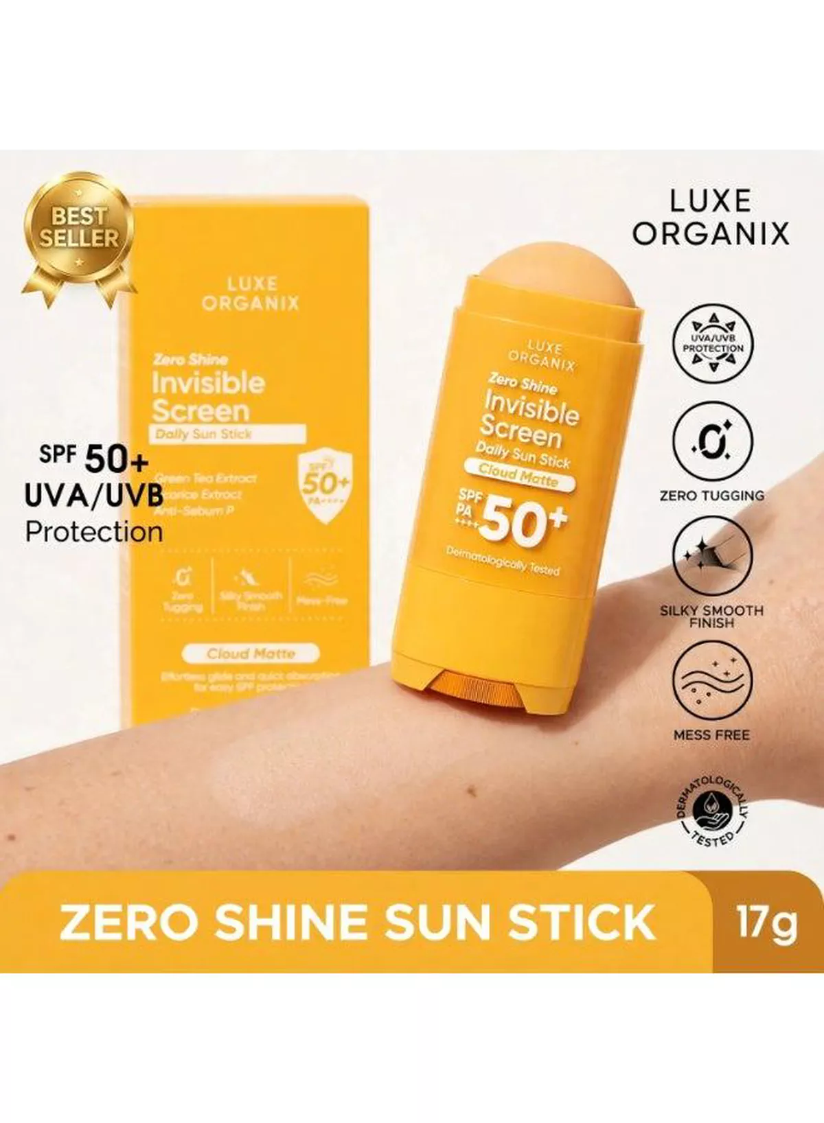 Luxe Organix Zero Shine Sun Stick SPF 50+ PA++++ – 17g A travel-friendly sunscreen essential featuring SPF 50+ protection, UVA/UVB defense, zero shine, quick absorption, and a silky matte finish, making it ideal for effortless daily sun protection and reapplication.