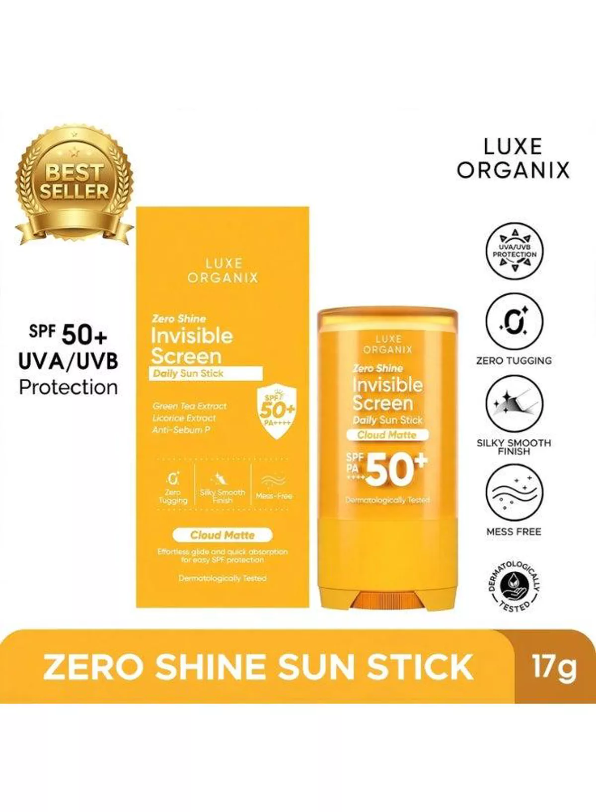Luxe Organix Zero Shine Sun Stick SPF 50+ PA++++ – 17g A travel-friendly sunscreen essential featuring SPF 50+ protection, UVA/UVB defense, zero shine, quick absorption, and a silky matte finish, making it ideal for effortless daily sun protection and reapplication.-1-1