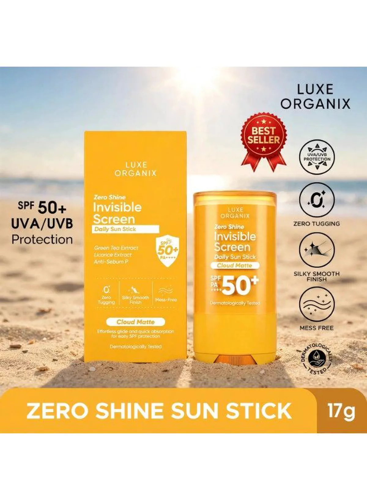 Luxe Organix Zero Shine Sun Stick SPF 50+ PA++++ – 17g A travel-friendly sunscreen essential featuring SPF 50+ protection, UVA/UVB defense, zero shine, quick absorption, and a silky matte finish, making it ideal for effortless daily sun protection and reapplication.-3-3