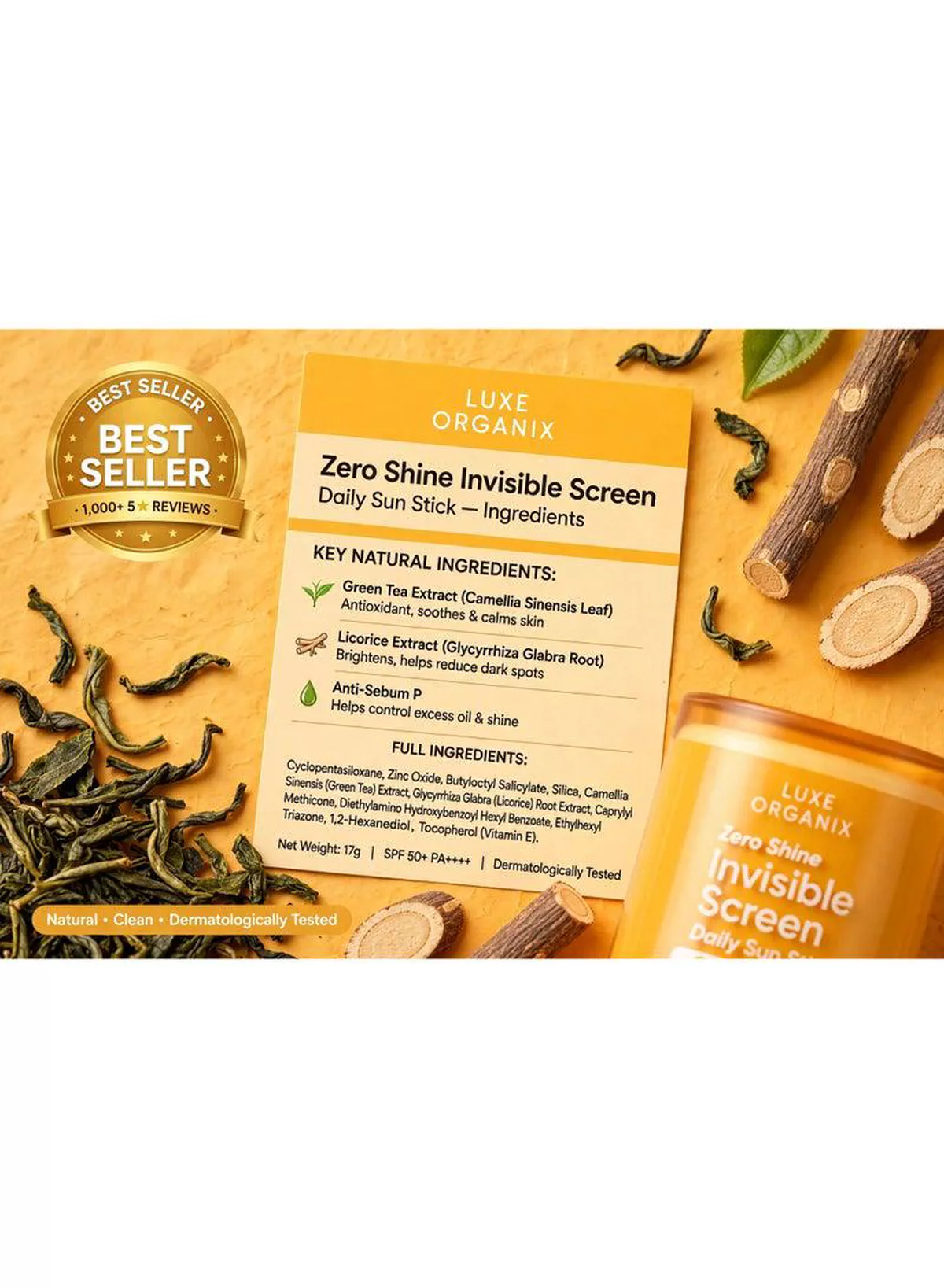 Luxe Organix Zero Shine Sun Stick SPF 50+ PA++++ – 17g A travel-friendly sunscreen essential featuring SPF 50+ protection, UVA/UVB defense, zero shine, quick absorption, and a silky matte finish, making it ideal for effortless daily sun protection and reapplication.-5-5