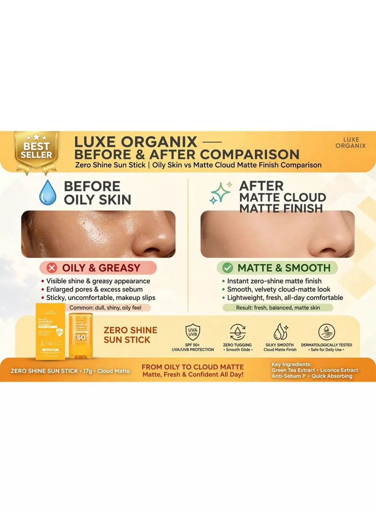 Luxe Organix Zero Shine Sun Stick SPF 50+ PA++++ – 17g A travel-friendly sunscreen essential featuring SPF 50+ protection, UVA/UVB defense, zero shine, quick absorption, and a silky matte finish, making it ideal for effortless daily sun protection and reapplication.-6-6