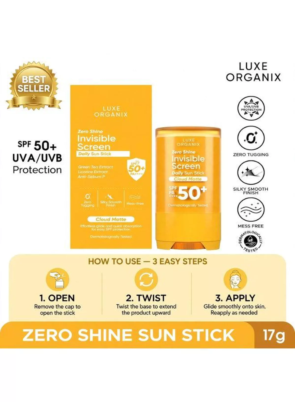 Luxe Organix Zero Shine Sun Stick SPF 50+ PA++++ – 17g A travel-friendly sunscreen essential featuring SPF 50+ protection, UVA/UVB defense, zero shine, quick absorption, and a silky matte finish, making it ideal for effortless daily sun protection and reapplication.-8-8