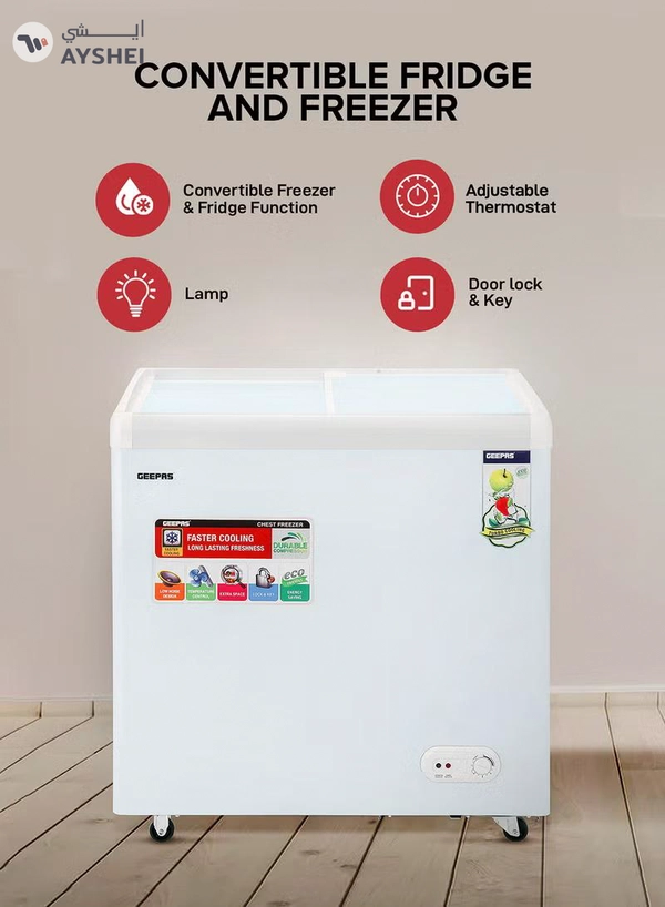 GEEPAS Chest Showcase Freezer-Convertible Freezer And Fridge Function | Faster Cooling Long Lasting Freshness With Temperature Control 260 L 220 W GCF2622SG White