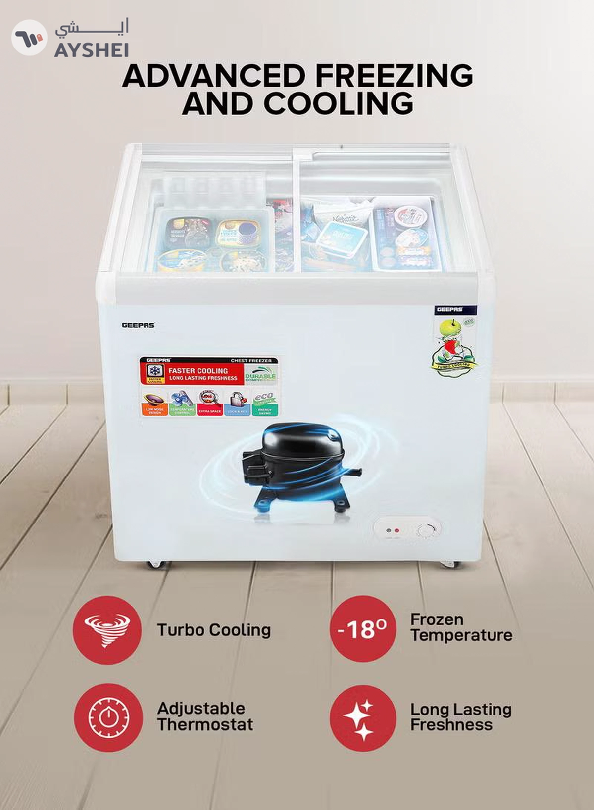 GEEPAS Chest Showcase Freezer-Convertible Freezer And Fridge Function | Faster Cooling Long Lasting Freshness With Temperature Control 260 L 220 W GCF2622SG White-1-1