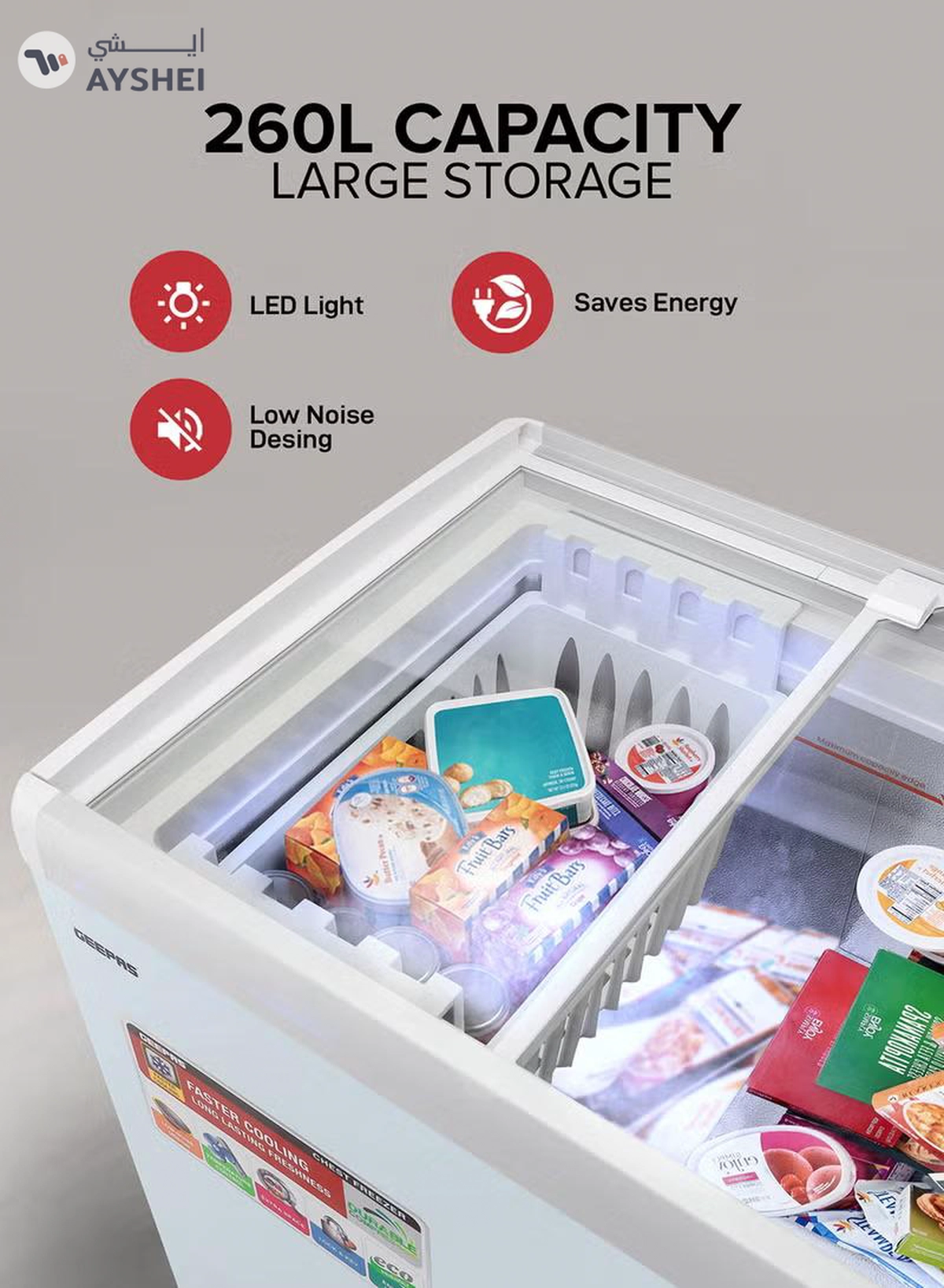 GEEPAS Chest Showcase Freezer-Convertible Freezer And Fridge Function | Faster Cooling Long Lasting Freshness With Temperature Control 260 L 220 W GCF2622SG White-4-4