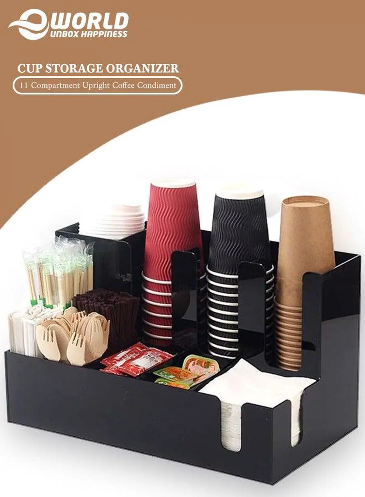 Versatile 11-Compartment Acrylic Free-Standing Upright Coffee Condiment and Cup Storage Organizer for Paper Cups, Napkins & Tableware, Ideal for Office, Home, Lounge & Restaurant Use