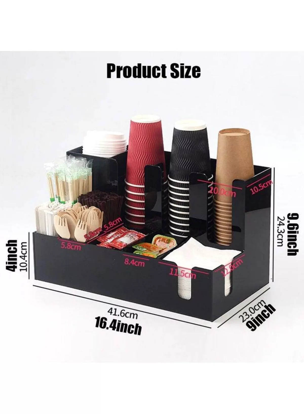 Versatile 11-Compartment Acrylic Free-Standing Upright Coffee Condiment and Cup Storage Organizer for Paper Cups, Napkins & Tableware, Ideal for Office, Home, Lounge & Restaurant Use-1-1