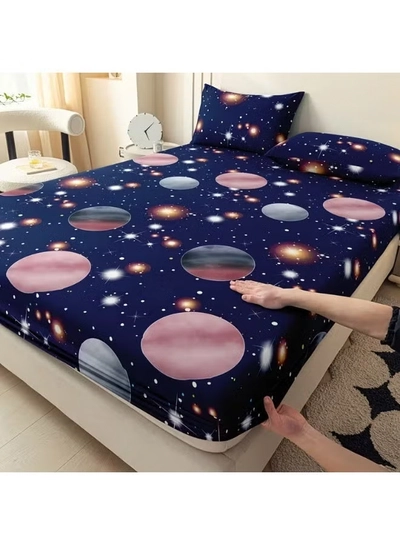 Eworld 3-Piece Fitted Bedsheet Set, Galaxy Design, 100% Cotton, 125 GSM, 1 Fitted Sheet + 2 Pillowcases, Available in King, Queen and Single Sizes-4
