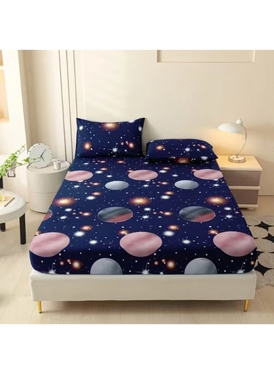 Eworld 3-Piece Fitted Bedsheet Set, Galaxy Design, 100% Cotton, 125 GSM, 1 Fitted Sheet + 2 Pillowcases, Available in King, Queen and Single Sizes-2